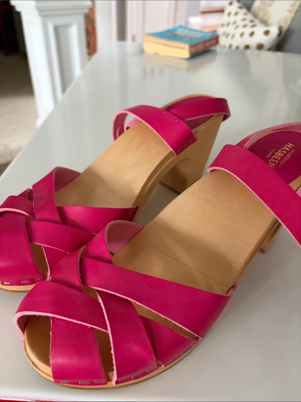 Swedish hasbeens Women’s Hot Pink Leather Woven Block Heel Sandals